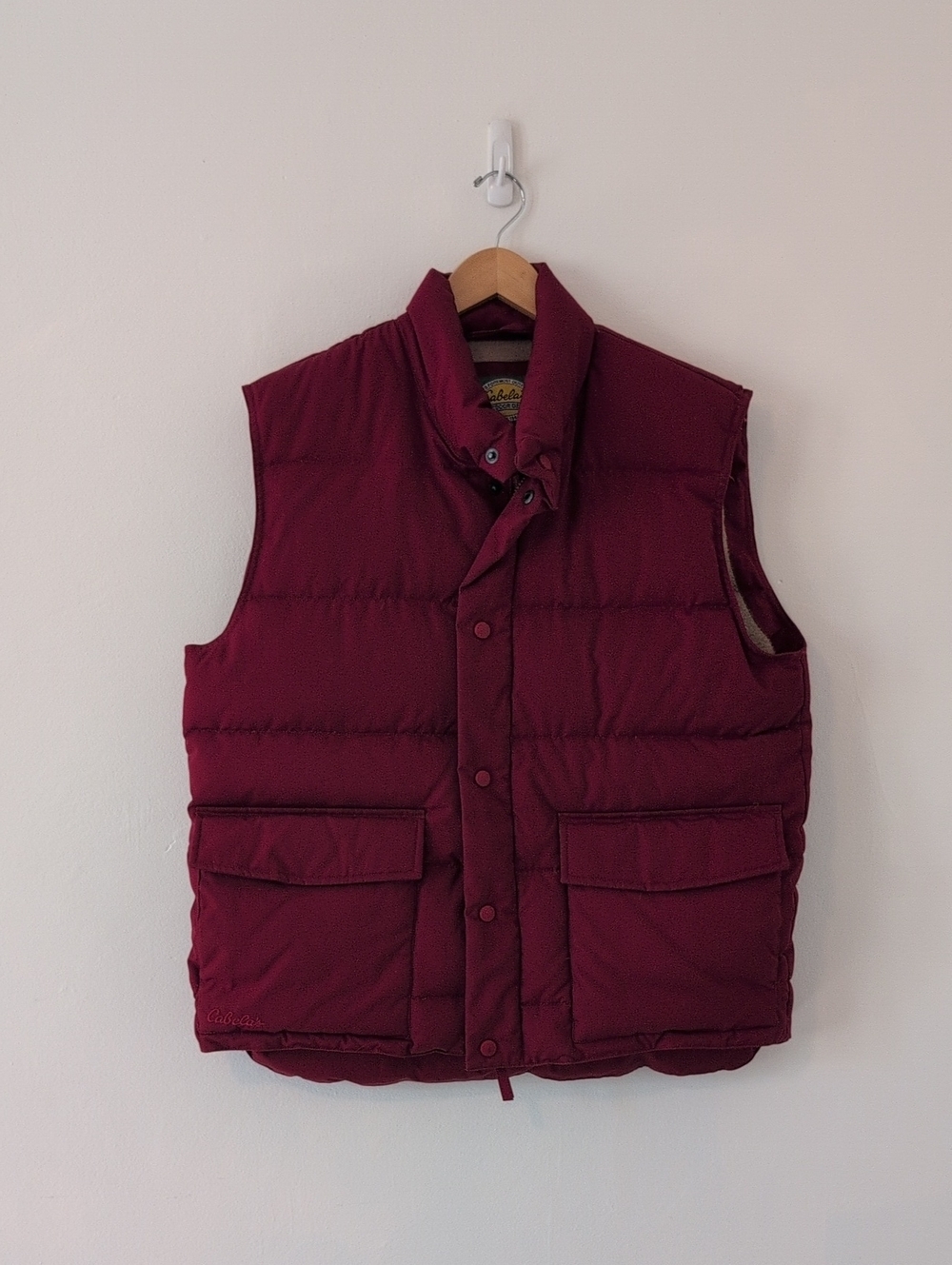 Vintage 90s Cabela's Men's Quilted Goose Down Fleece Puffer Vest in Deep Red Med